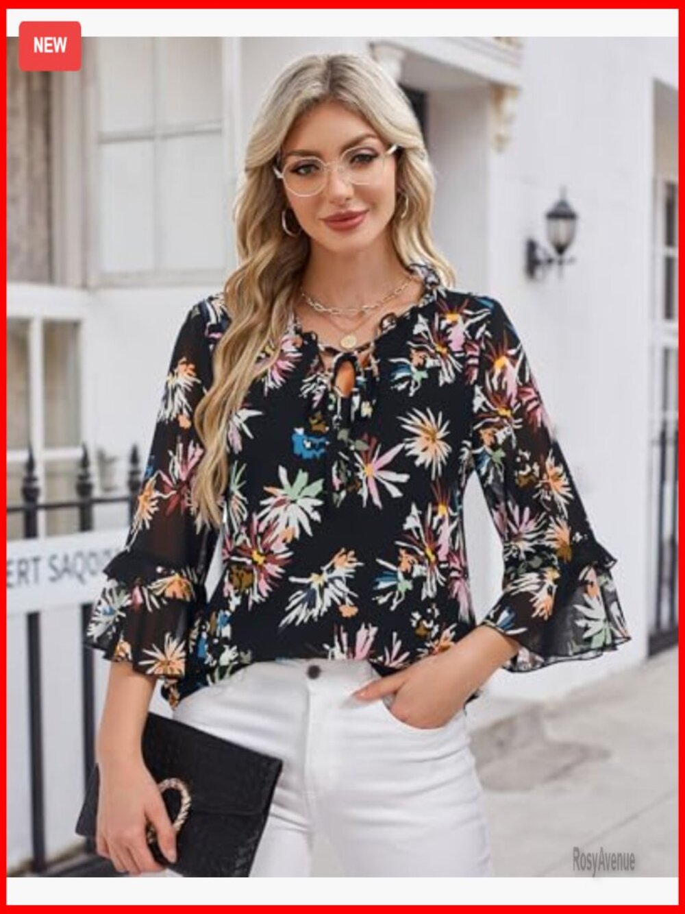 Womens Tops Dressy Casual Ruffle 3/4 Sleeve V Neck Elegant Floral Chiffon Blouse - Picture 3 of 7